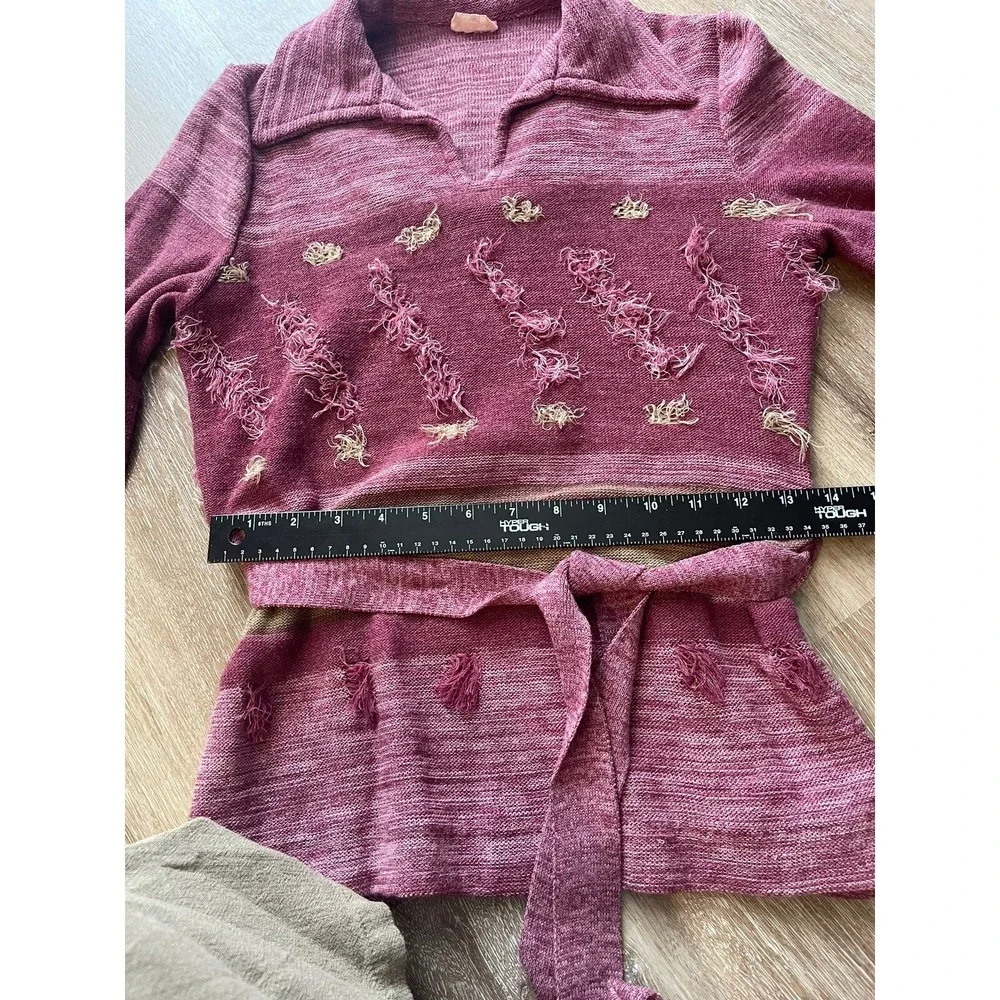 Vintage Women's Red Eye Collar V-neck Raspberry Pink Purple Long Sleeve Shirt